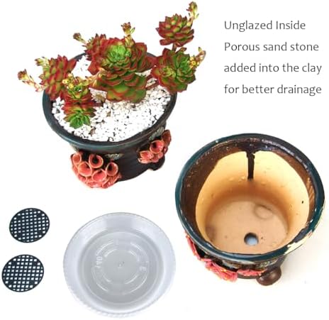5.5 Inch Succulent Pot Handmade Flower Design Round Ceramic Antique Plant Pot Cactus Pot Planter with Drainge and Saucer Set of 2 (Two Hydrangea and Rose) - Image 4