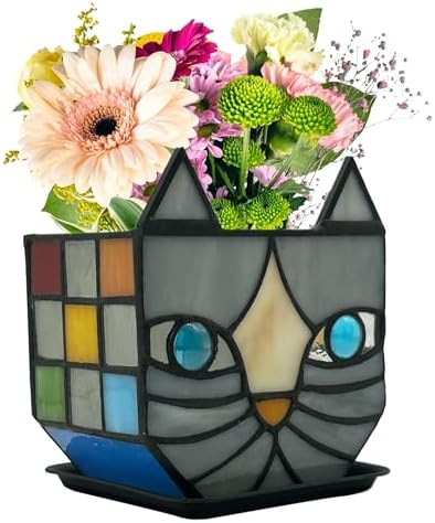Unique Stained Glass Gray Cat Planter, Plant Pots Indoor,Indoor Flower Pots with Drainage,Window Sill Cat Decoration Gift,4.6x5.15x3IN by Entlityful