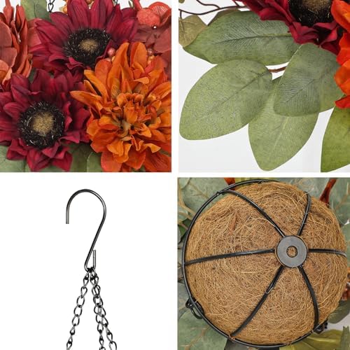 Hydrangea 11" Fall Hanging Baskets Sunflowers Small Artificial Flowers Fall Hanging Decor Sunflowers Flowers Red Orange Fake Hydrangea Faux Plants Indoor Outdoor Porch Garden Autumn Home Decorations - Image 3