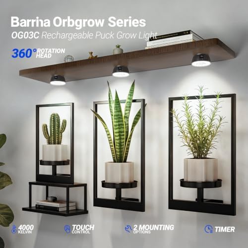 Barrina OG03C Rechargeable Puck Grow Light, 5200mAh, 5000K, 4 Packs, Black - Image 2