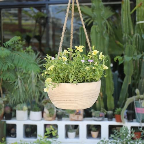 CYS EXCEL Large Wooden Hanging Planter Paulownia Wood Bowl Basket with Jute Rope for Indoor Plants Succulents - Image 4