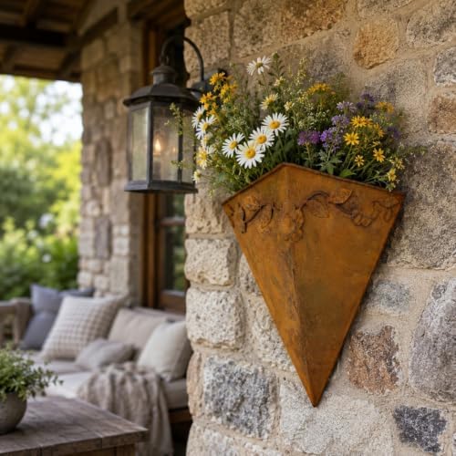 LOGOFUN Rustic Rust Metal Wall Planter Cone Shaped Hanging Flower Pot - Image 4