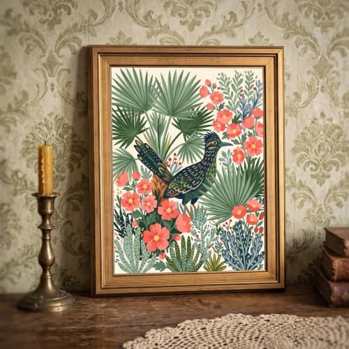 Framed Canvas Wall Art Bohemian Gouache Roadrunner in Desert Scrub Pink Globemallow Sage Palms Canvas Print Poster Gold Frame Wall Decor for Living Room Southwest Decor, Bird Art - Inch 16x20 - Image 6