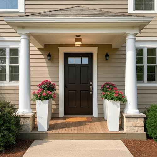 GreenShip 27 Inch Tall Planters Set of 2, White Outdoor Planters - Image 3