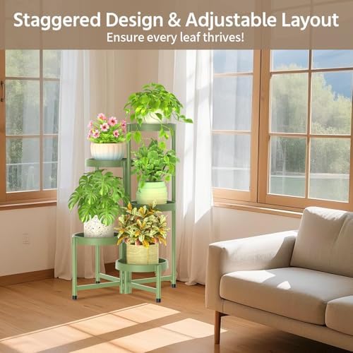 LASZOLA Plant Stand Indoor Outdoor Tall with Plastic Tray, 5 Tiers Green - Image 6