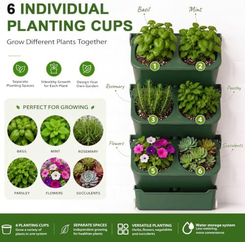 Briwooody 3 Set 6 Pocket Vertical Stackable Wall Planters Kit Outdoor Self Watering Plastic Planter Grow Hang Mount System for Strawberry Flower Vegetable Home Fence Balcony Wall Decor - Image 5