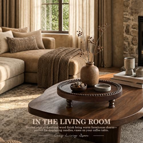 Dark Acacia Wood Round Display Riser with Beaded for Home Decor, Brown - Image 4