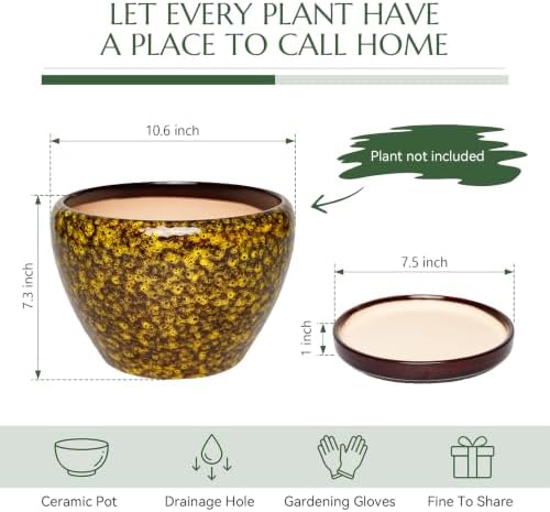 10.6 Inch Ceramic Planter with Saucer for Indoor Outdoor Plants - Image 4
