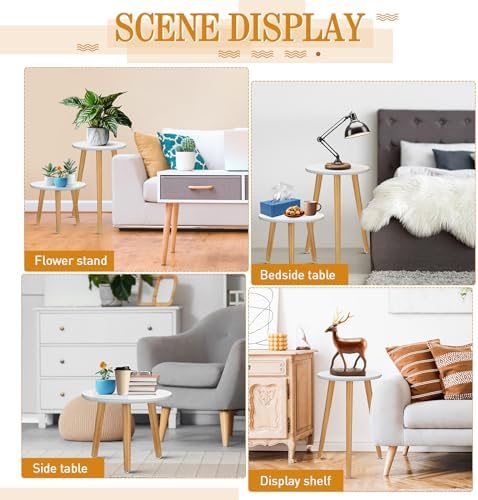 Briwooody 2 Pcs Indoor Plant Stand Mid Century Vintage Wood Modern Flower Pots Holder Round Side Table End Table Plant Stools for Living Room Corner Balcony Decor (White) - Image 4