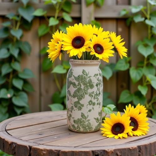 Vintage Green Floral Ceramic Vase, 8 Inch Crackle Glaze Rustic Handmade Vase, Decorative Pottery for Fresh or Dried Flowers, Farmhouse Cottage Modern Rustic Decor - Image 6