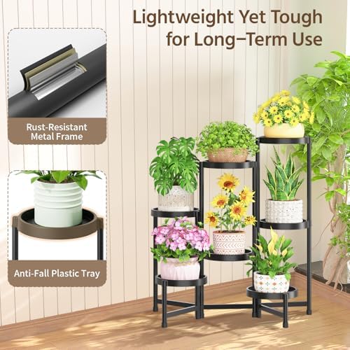 LASZOLA Plant Stand Indoor Outdoor Tall with Plastic Tray, 7 Tiers Black - Image 6