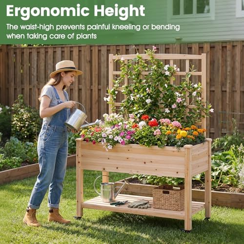 Giantex 65'' Wooden Raised Garden Bed w/Trellis on Wheels Set 2, Mobile Elevated Planter Box w/Legs, Liner & Drainage Holes for Climbing Plant Vegetable Herb Flower, Outdoor Garden Box, Backyard - Image 2