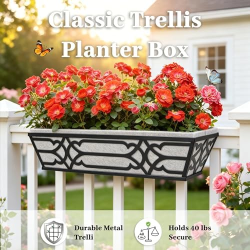 Window Planter Box, Railing Planter Box with Non-Woven Fabric Liners, 4 Pack 24" Hanging Flower Baskets for Outdoor Plants, Metal Deck Railing Planters with Adjustable Brackets, Apartment Balcony - Image 2