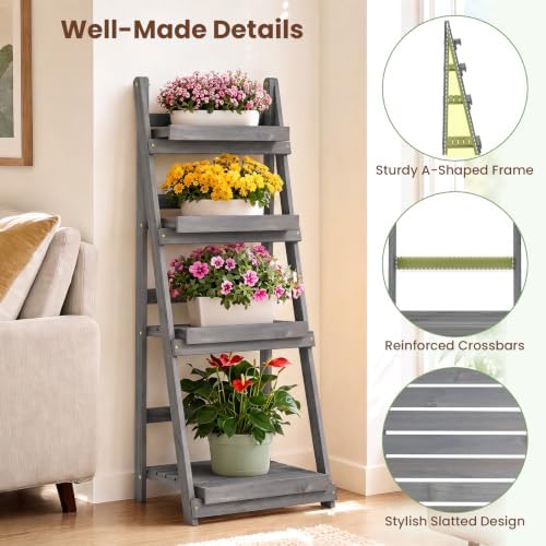 GIANTEX Foldable Wooden Plant Stand, 4-Tier Ladder Plant Shelf, Grey - Image 6