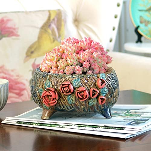 6.3 Inch Succulent Pot Handmade Flower Design Round Ceramic Antique Plant Pot Cactus Pot Planter with Drainge and Mesh Pad (Dark Red) - Image 7