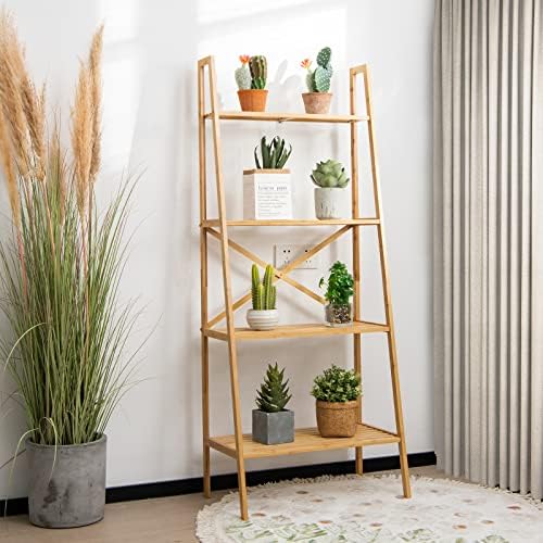 Tangkula 4-Tier Bamboo Ladder Bookshelf, Rustic Bookcase, Floor Standing Shelving Unit, Book Shelf Storage Organizer, Display Rack for Living Room, Kitchen, Bedroom, Office (1, Natural) - Image 3