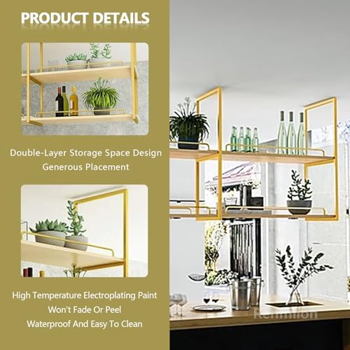 Ceiling Mounted Wine Rack，Industrial Wine Glass Shelf for Wall Storage Shelving，2-Layer Hanging Plant Flower Pot Stand Floating Decorations Shelves，Gold(100x30x80cm) - Image 4