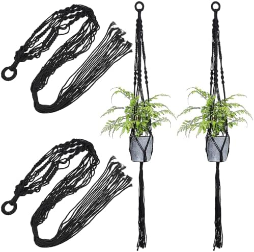 Kisangel 4 Pcs Black Macrame Plant Hangers for Indoor Ceiling Flower Pots, 100cm Cotton Rope Hanging Planter Basket Set for Balcony Decoration and Wall Mounted Garden Use by Kisangel