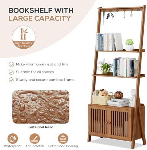 Bookcase with Drawers, Ladder Shelf 4-Tier Bamboo Bookshelf with 6 Hooks - Image 4