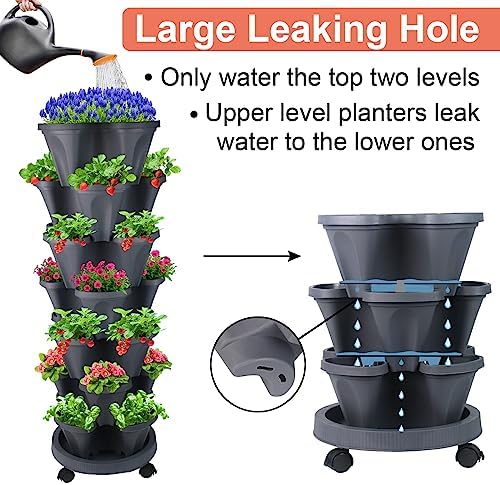 GameXcel Vertical Planter Tower - 7 Tier Stackable Garden Planters with Wheels and Tools Plant Pots for Strawberry Herb Flower and Vegetable Indoor Outdoor Use Dark Gray - Image 3