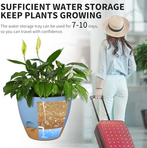 12/10/9/8/6 Inch Self Watering Pots for Indoor Outdoor Plants, Set of 5 Large Plastic Planters with Visual Water Window, Drainage Holes & Watering Lip, Modern Decorative Flower Pots (Blue) - Image 6