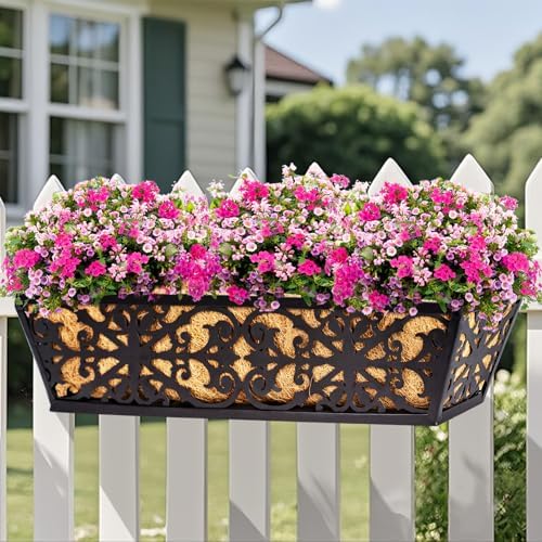 4 Pack 24 Inch Window Boxes Planters Railing Planter Box with Adjustable Brackets & Coco Liners Fabric Plant Grow Bags Deck Railing Planter Boxes Balcony Hanging Flower Box for Outdoor Plants - Image 2