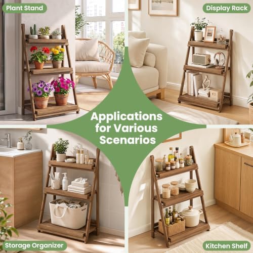 GIANTEX Foldable Wooden Plant Stand, 3-Tier Ladder Plant Shelf, Brown - Image 5
