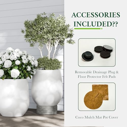 DTY Premium Mt Wilson Tall Tapered Fiberstone Planter for Indoor Outdoor Use, Modern Large Olive Tree Pot with Drainage Hole, Includes 2 Coco Mats. White, Small 11'' D x 12'' H. 8.3” Pot Opening - Image 5