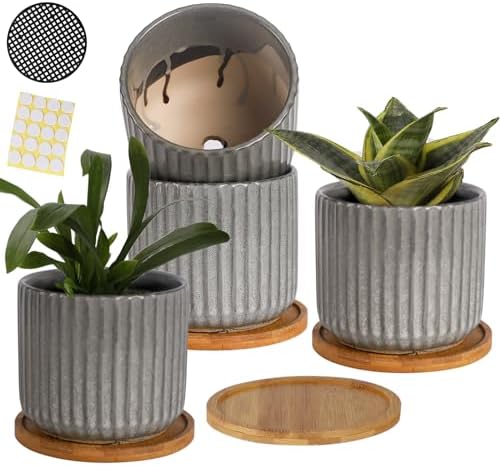 5.25" Ceramic Plant Pots with Drainage Holes & Trays Set of 4 by BABALIU