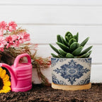 Navy Blue Damask Planter Ceramic Bohemian Diamond Shape Flower Round Flower Pot with Drainage Holes and Bamboo Tray Pot for Home Office Desk Garden - Image 5