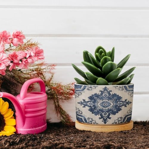 Navy Blue Damask Planter Ceramic Bohemian Diamond Shape Flower Round Flower Pot with Drainage Holes and Bamboo Tray Pot for Home Office Desk Garden - Image 5
