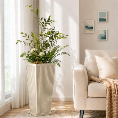 NicBex 24" Tall Planters for Outdoor Plants Set of 2 Square Fluted,Beige - Image 7