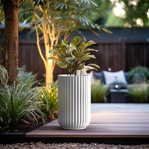 Kante 17.7" Tall Fluted Concrete Planter, White Round Column Pot - Image 4