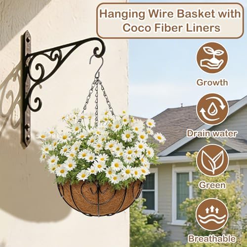 10 inch Metal Hanging Baskets for Plants Outdoor, 4 Pack Metal Wire Hanging Basket Planter with Coco Liner Flower Pots for Indoor Outdoor Garden Porch Patio, Heart-Shaped - Image 2