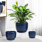 Ceramic Flower Pots with Drainage Hole and Saucer, North European Style Round Indoor Succulent Planters with Honeycomb Inspired Texture Design, Small to Medium-Sized, Set of 3, Navy Blue - Image 2