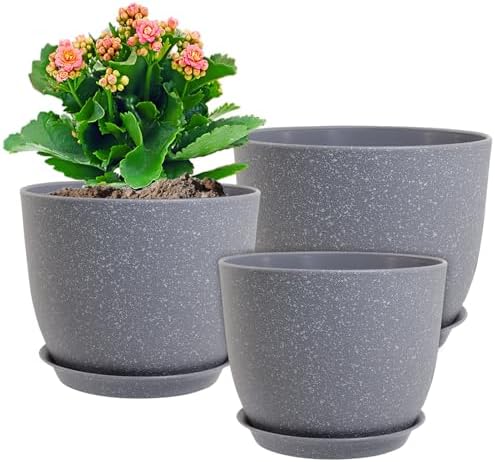 WSMKSZ 12/10/9 inch Large Plant Pots, 3 Pack Modern Decorative Plastic Planters with Drainage Holes and Saucer for House Garden Plants, Flower Pots for Indoor Outdoor Plants, Speckled Grey by WSMKSZ