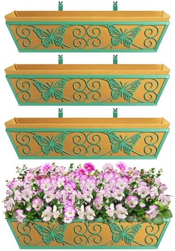 4 Pack 24 Inch Window Boxes Planters Railing Planter Box with Adjustable Brackets for Porch Fence Patio Balcony Hanging Flower Baskets with Woven Fabric for Outdoor Garden Decor - Green - Image 5