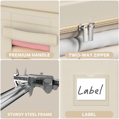 CYhom 3Pack Frame Storage Box - Clothes Storage Bin Bags Oxford Fabric Foldable Stackable Container Organizer Set with Clear Window & Carry Handles (Beige, Medium-44L) - Image 5