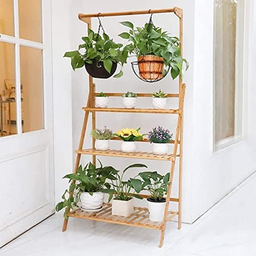 LIGUOYI 3-Tier Bamboo Ladder Plant Shelf, Outdoor Planter Display Shelving, Hanging Folding Flower Pot Organizer Rack, Clothes Rack Multi Storage Corner Shelf for Indoor Outdoor Homedecoration by LIGUOYI