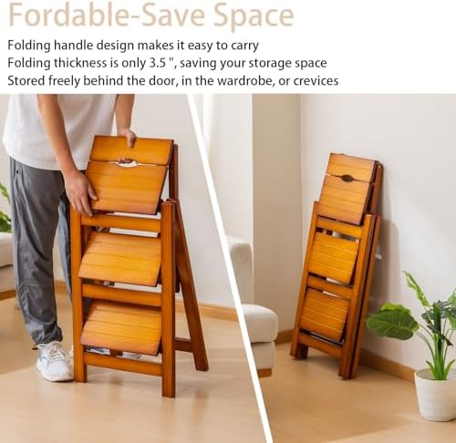 Latifolia Foldable 3 Step Ladder, Wooden Step Stool with Floor Saver, Decorative Ladder Shelf for Living Room, Kitchen, Garden(Walnut) - Image 7
