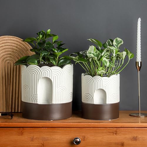 Nihow Self Watering Plant Pot Set: 6 Inch & 8 Inch Ceramic Planter with Drainage Hole & Water Storage Plus - Relief Design Self Watering Pot for Indoor Plants - Beige & Brown Flower Pot -Set of 2 - Image 4