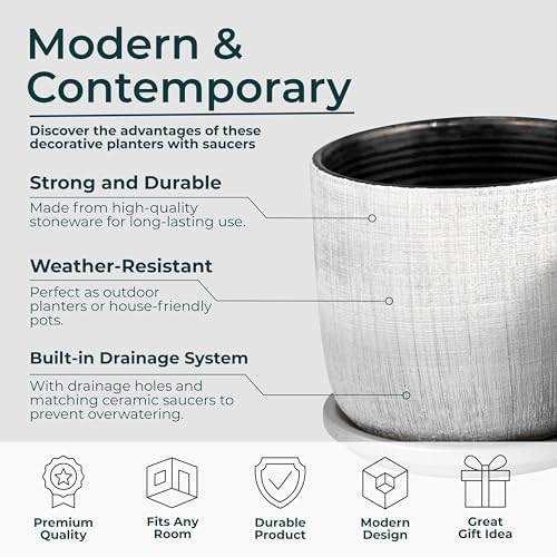 Textured Ceramic Flower Pots with Saucer for Home Decor - Modern Planters and Pots for Garden Plants- Elegant Planters for Indoor Plants and Outdoor Use - Set of 2, 6", 5", Silver & Metallic - Image 5
