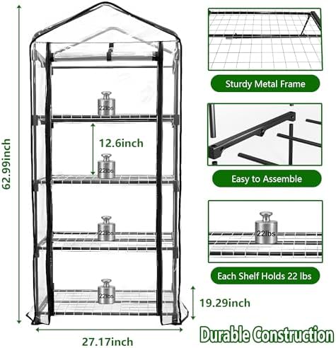 Indoor Greenhouse with Grow Lights, 4-Tier Mini Greenhouse w/Multiple Modes Plant Lights & Waterproof Base Mat & Zippered Door, Walk-in Green House for Growing Plants, Seed Starting, Seed Tray - Image 5