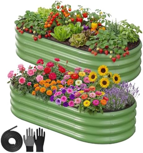 2PCS 4x2x1 FT Oval Metal Raised Garden Bed Kit, Open Bottom Design Elevated Garden Planter Box Outdoor, Trough Planter for Outdoor Plants, Flower, Vegetables, Fruit, Herbs (Green) by RaisedGardenBed