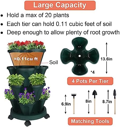 GameXcel Vertical Planter Tower - 4 Tier Stackable Garden Planters with Wheels and Tools Plant Pots for Strawberry Herb Flower and Vegetable Indoor Outdoor Use Green - Image 5