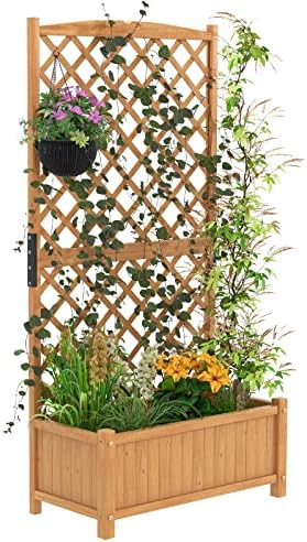 S AFSTAR Raised Garden Bed with Trellis, Indoor & Outdoor Wood Elevated Plant Container with Diamond Shaped Trellis & Drain Hole, Above Ground Garden Bed for Vine Climbing Plants by Safstar