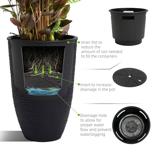 Worth Garden 2-Pack 21" H. Black Tall Planters with Inside Pots - 14'' Dia Plastic Large Round Plant Tree Pots - Decorative Imitation Stone Finish for Indoor Outdoor Front Porch Container Patio - Image 6