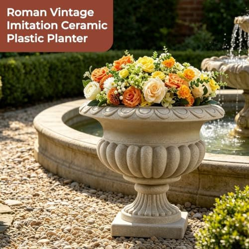 20" H Large Roman Urn Planter, Lightweight Weatherproof Plastic Flower Pot - Image 2
