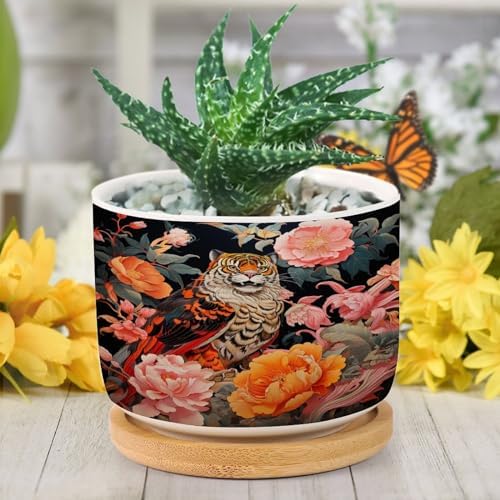 Animal Tiger Stripe Chinoiserie Planters Ceramic Orange and Coral Peony Flower Round Flower Pot with Drainage Holes and Bamboo Tray Pot for Home Office Decoration - Image 6