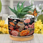 Animal Tiger Stripe Chinoiserie Planters Ceramic Orange and Coral Peony Flower Round Flower Pot with Drainage Holes and Bamboo Tray Pot for Home Office Decoration - Image 6